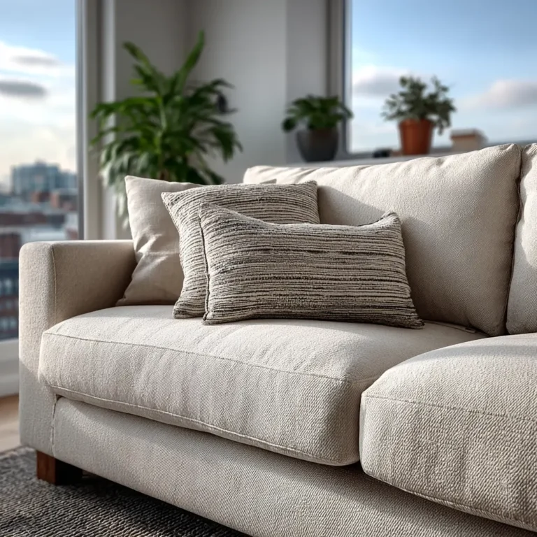 Helles Stoffsofa mit Kissen im Wohnzimmer
