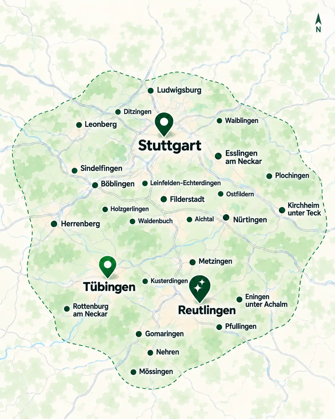 Karte des ReinWelt-Einsatzgebiets rund um Reutlingen, Tübingen und Stuttgart mit weiteren Orten der Region.